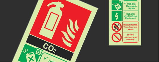 image of a glow in the dark, photoluminescent fire extinguisher label