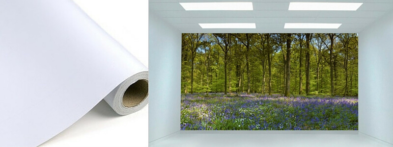 Image of a roll of printable wallpaper and display rooms.